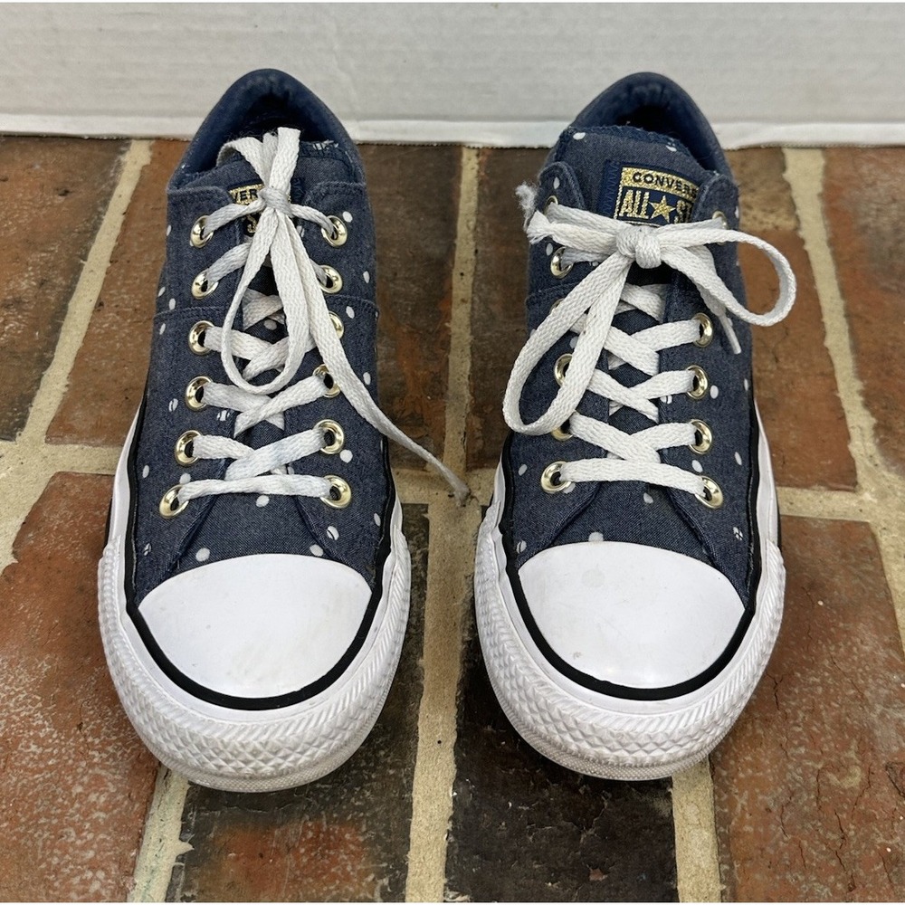 Converse All Star Blue Sneakers White Polka Dots Denim Low Top Women's 8 - Picture 2 of 6